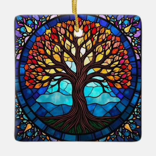 ステンドグラス・アート、命の木ステンドグラス セラミックオーナメント (正面)