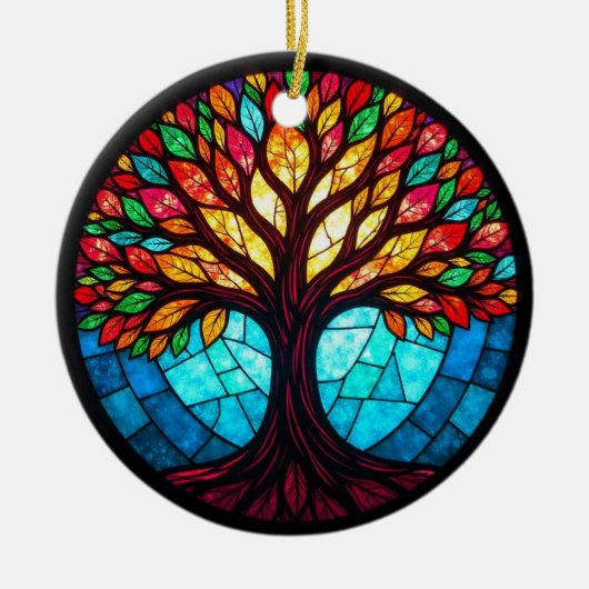 ステンドグラス・アート、命の木ステンドグラス セラミックオーナメント (正面)