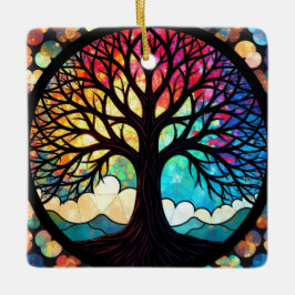 ステンドグラス・アート、命の木ステンドグラス セラミックオーナメント