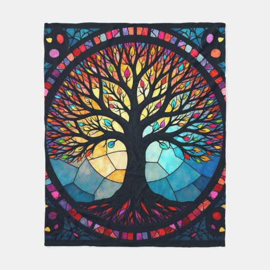 ステンドグラス・アート、命の木ステンドグラス フリースブランケット (正面)