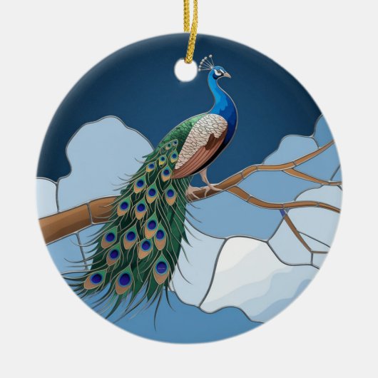 ステンドグラス・アート、孔雀ステンドグラス セラミックオーナメント (正面)