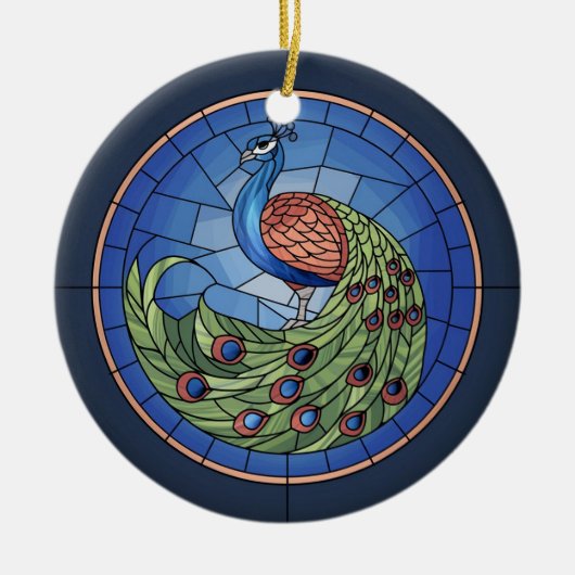ステンドグラス・アート、孔雀ステンドグラス セラミックオーナメント (正面)