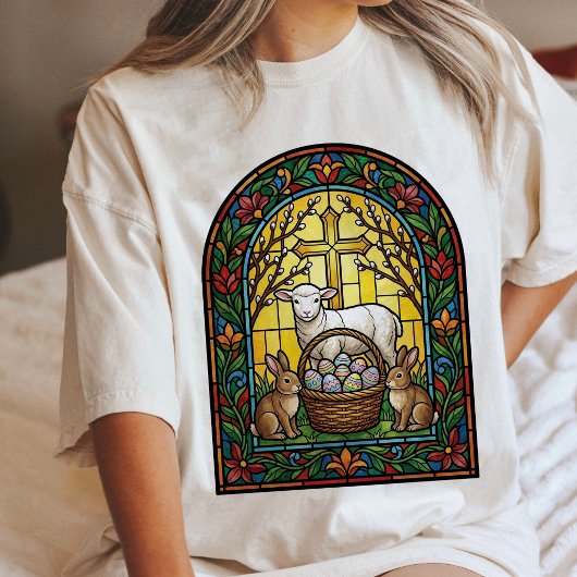 ステンドグラス イースター 羊 うさぎ 窓 トライブレンドTシャツ