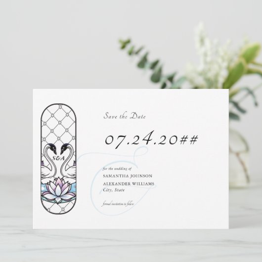 ステンドグラス ファンタジーなスワン ハスの花 ウェディング セーブザデート (スタンド正面)