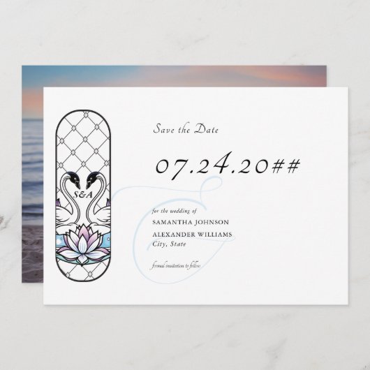 ステンドグラス　ファンタジーなスワン　ハスの花　ウェディング セーブザデート (正面/裏面)