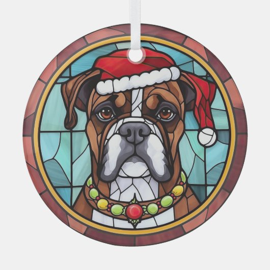 ステンドグラス ボクサー犬 クリスマス ガラスオーナメント (正面)