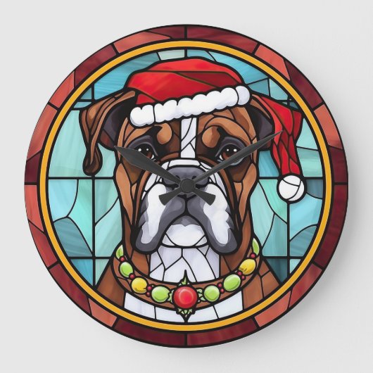 ステンドグラス ボクサー犬 クリスマス ラージ壁時計 (正面)