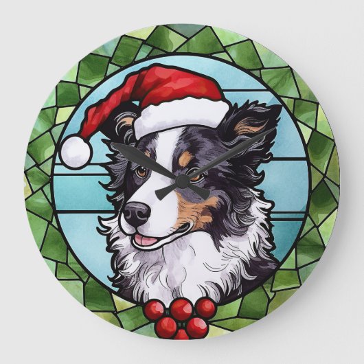 ステンドグラス ボーダーコリー クリスマス ラージ壁時計 (正面)