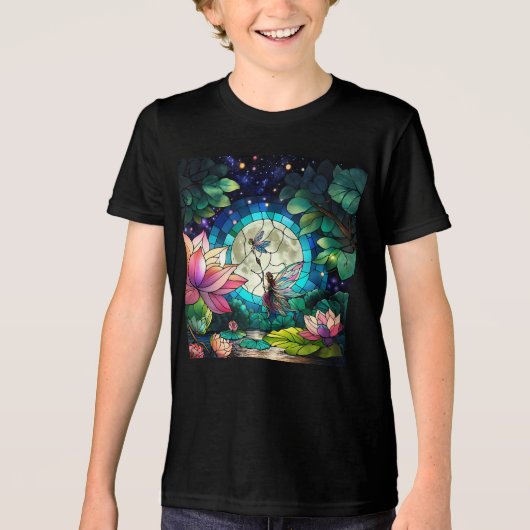 ステンドグラス 小さな妖精とトンボ トライブレンドTシャツ (正面)