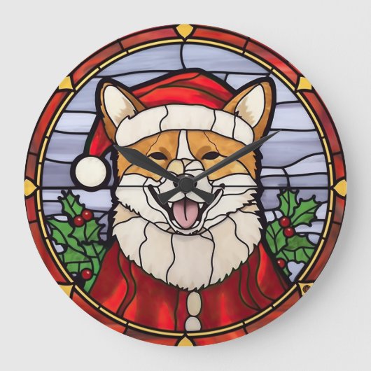 ステンドグラス 柴犬 クリスマス ラージ壁時計 (正面)