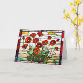 ステンドグラス 赤いケシの花のブーケ カード (黄色い花)