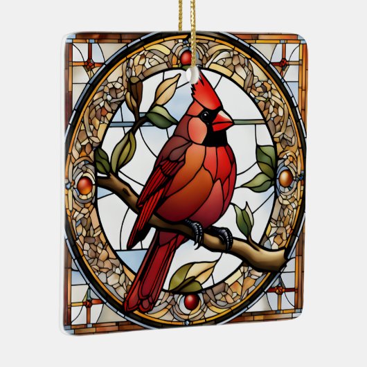ステンドグラス(鳥)ショウジョウコウカンチョウスクエアレッドバーズギフトアイディア セラミックオーナメント (右)