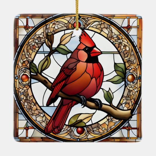 ステンドグラス（鳥）ショウジョウコウカンチョウスクエアレッドバーズギフトアイディア セラミックオーナメント (裏面)