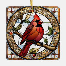 ステンドグラス（鳥）ショウジョウコウカンチョウスクエアレッドバーズギフトアイディア セラミックオーナメント