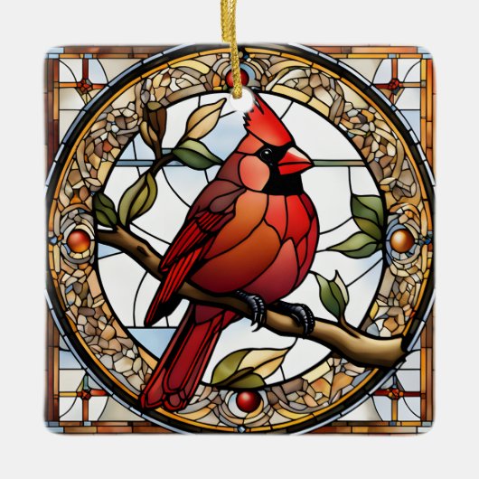 ステンドグラス（鳥）ショウジョウコウカンチョウスクエアレッドバーズギフトアイディア セラミックオーナメント (正面)