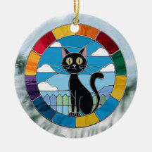 ステンドグラス、黒猫ステンドガカラフルラス