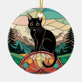 ステンドグラス、黒猫ステンドガカラフルラス セラミックオーナメント