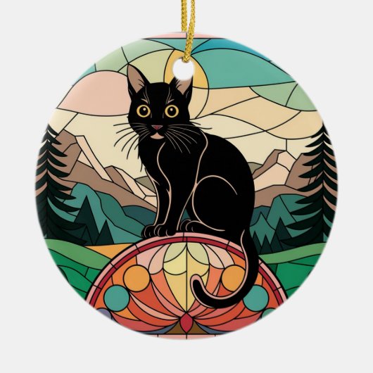 ステンドグラス、黒猫ステンドガカラフルラス セラミックオーナメント (正面)
