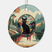 ステンドグラス、黒猫ステンドガカラフルラス セラミックオーナメント (左)