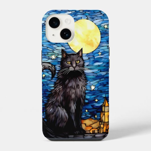 ステンドグラス 黒猫 星空の夜 iPhoneケース (裏面)