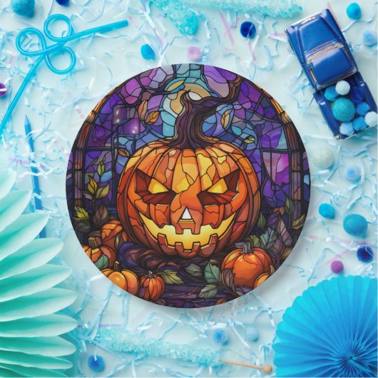ステンドグラスJack-o'-Lantern：エレガンス不気味 ペーパープレート (パーティー)