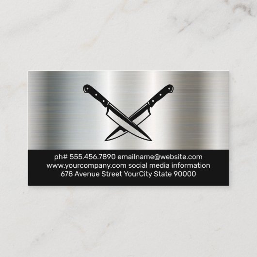 ステンレス鋼の背景 |クロスしたナイフ 名刺 (裏面)