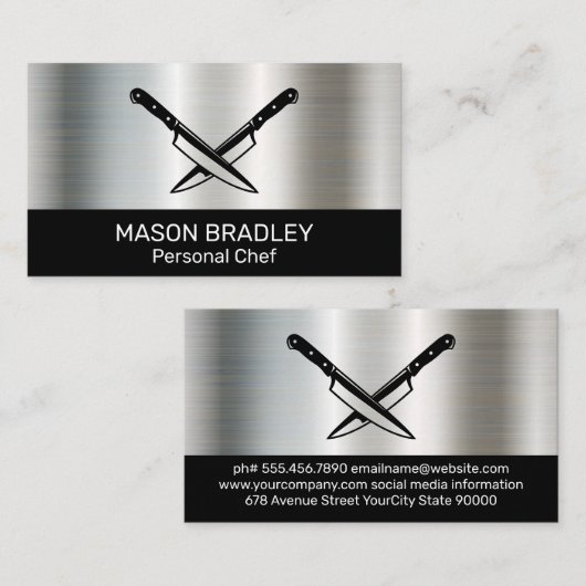 ステンレス鋼の背景 |クロスしたナイフ 名刺 (正面/裏面)
