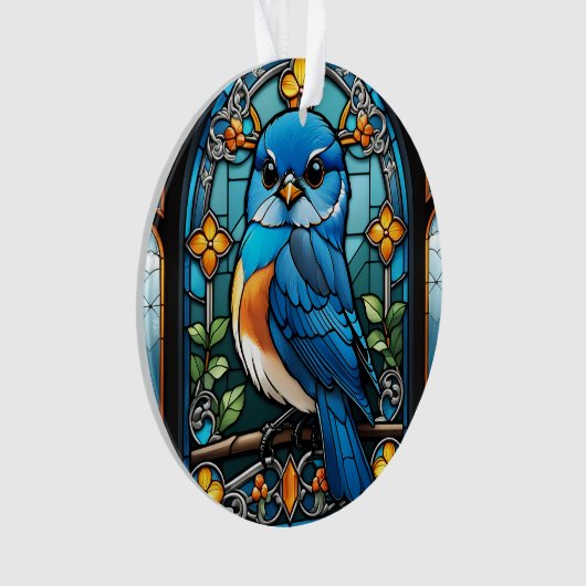ステン威厳のあるドグラスの窓に止まったブルーバード オーナメント (正面)