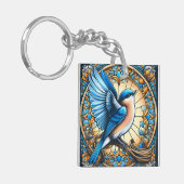 ステン鮮やかドグラスに止まった青い鳥 キーホルダー (正面左)