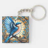 ステン鮮やかドグラスに止まった青い鳥 キーホルダー (裏面)