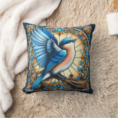 ステン鮮やかドグラスに止まった青い鳥 クッション (ブランケット)