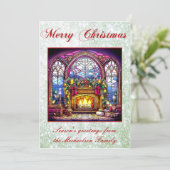 ステン鮮やかドグラス居心地の良い暖炉グリーングリッター シーズンカード (スタンド正面)