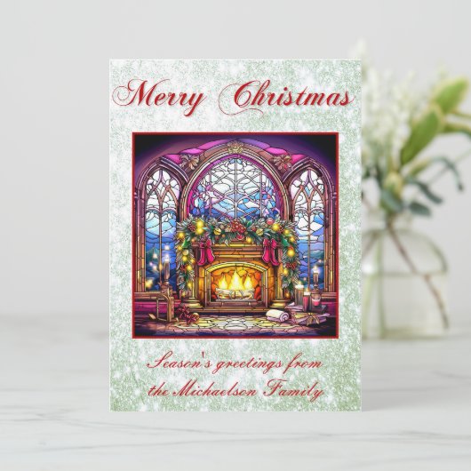 ステン鮮やかドグラス居心地の良い暖炉グリーングリッター シーズンカード (スタンド正面)