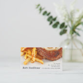 ステーキに玉ねぎとフライドポテトを添える 名刺 (スタンド正面)