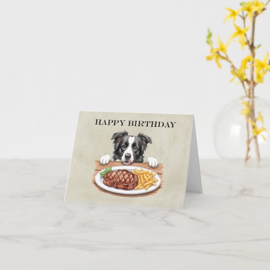 ステーキアンドフライスディナ縁どーコリー誕生日 カード (黄色い花)