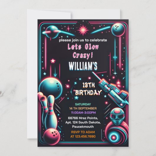 ステージネオングローアーケードガンレーザーラベル13誕生日 招待状 (正面)