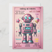 ステージ男の子かわいいおもしろいおもちゃロボット最初の誕生日 招待状 (正面)
