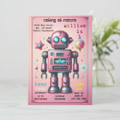 ステージ男の子かわいいおもしろいおもちゃロボット最初の誕生日 招待状 (スタンド正面)