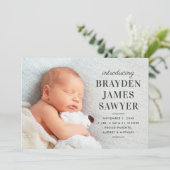 ステートメント名チャコールグレー男の赤ちゃんフォト誕生 案内状 (スタンド正面)