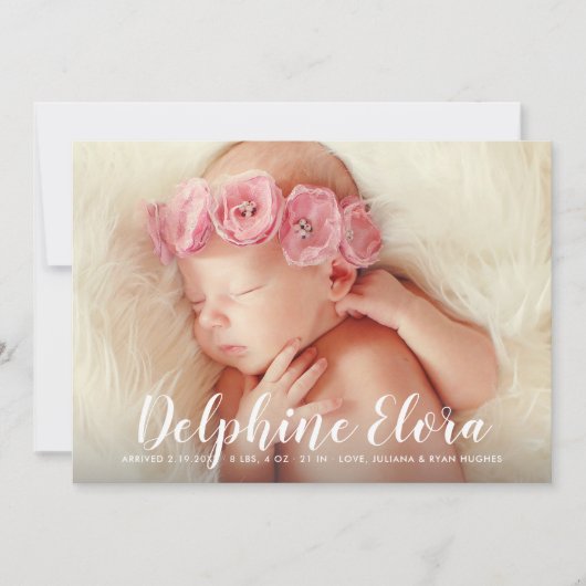 ステートメント名ホワイトスクリプトベビーガールフォト誕生 案内状 (正面)