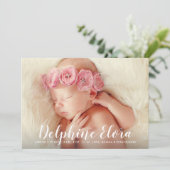 ステートメント名ホワイトスクリプトベビーガールフォト誕生 案内状 (スタンド正面)