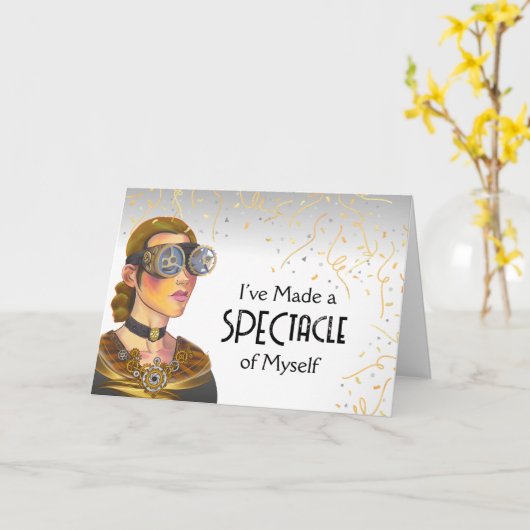 ステームパンクおもしろいゴーグルレディーを持ってごめんなさい カード (黄色い花)