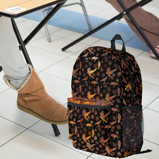 ステームパンクカラフルラスティギアとカラスあなたの名前 プリントバックパック