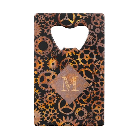 ステームパンクカラフルラスティギアカスタムモノグラム クレジットカード栓抜き (正面)