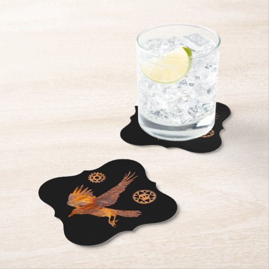 ステームパンクカラフルラスティ飛んでいるカラスとギア ペーパーコースター (インサイチュ)