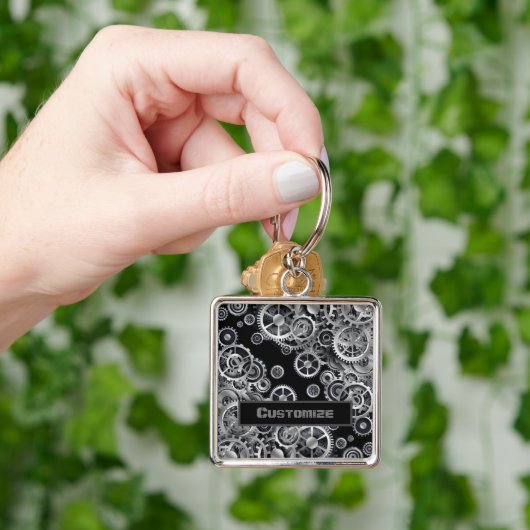 ステームパンクシルバーギアズスクエアキーチェーン キーホルダー (手)