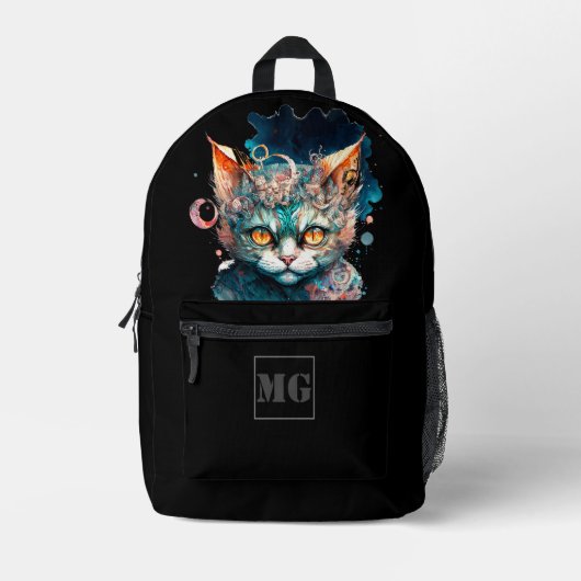 ステームパンクスタイルの水彩猫 プリントバックパック (正面)