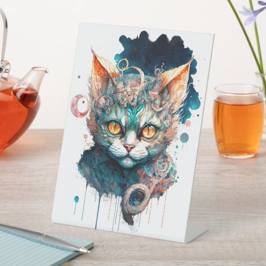 ステームパンクスタイルの水彩猫 台座サイン (インサイチュ)