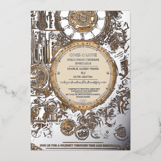 ステームパンクストラビガンザヴィンテージ結婚Clockwork's 箔招待状 (正面)