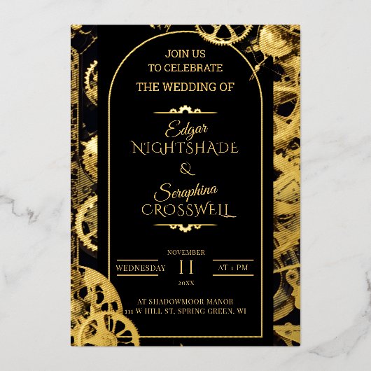 ステームパンクストラビガンザヴィンテージ結婚Clockwork's 箔招待状 (正面)